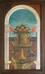 Fruktkorg, målning av Defendente Ferrari (1480 eller 1485-1540) på den bakre delen av 1500-talskören, Church of Saint Jerome, Biella. Italien
