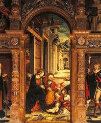 Nativity, detalj från 1500-talets altartavla, av Defendente Ferrari (1480 eller 1485-1540), Abbey of St Anthony of Ranverso, Buttigliera Alta, Italien