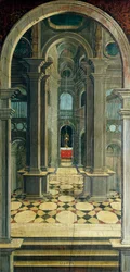 Perspektiv målat av Defendente Ferrari (1480 eller 1485-1540), på baksidan av 1500-talskören, Church of Saint Jerome, Biella, Italien