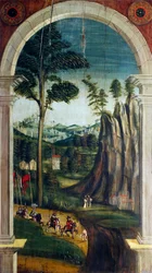 Perspektiv målat av Defendente Ferrari (1480 eller 1485-1540), på baksidan av 1500-talskören, Church of Saint Jerome, Biella, Italien