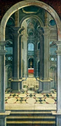 Perspektiv målat av Defendente Ferrari (1480 eller 1485-1540) på den bakre delen av 1500-talskören i Sankt Jeromes kyrka i Biella. Italien