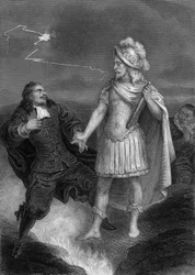 Spela Don Juan av Moliere: Don Juan med statyn av kommendören, gravyr av Delannoy efter en teckning av G. Staal (1870)
