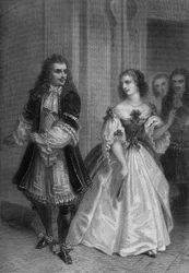 Spela Misantropen av Moliere: Alceste, Celimene, Eliante, Philinte gravyr av Delannoy efter en teckning av G. Staal (1870)