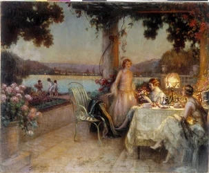 På kvällen på terrassen. Målning av Delphin Enjolras (1857-1945), Omnämnande obligatoriskt: Samlingsstiftelsen angående de Provence. Marseille (cm 57x73) DR