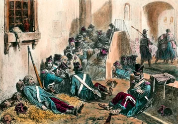 Tyfus under Napoleonkrigen. Soldater från den franska armén lider av feber orsakad av sjukdom. Gravyr av Denis Auguste Raffet (1804-1860) 1800-talet. Privat samling