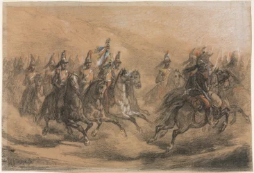 Kavallerianfall, ca 1840 (svart, röd, gul, blå och vit krita)