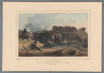 Geschut i aktion, 1832 Piece in battery, etablerad på Courtine som förenar bastionen Toledo med bastionen Fernando (titel på objektet) Ritningar gjorda från naturen vid belägringen av Citadellet i Antwerpen av Raffet (serietitel på objekt)