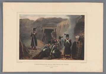 Militär vid een mijngang, 1832 Kommunikation av dikesnedstigning (titel på objekt) Ritningar gjorda från naturen vid belägringen av Citadellet i Antwerpen av Raffet (serietitel på objekt)