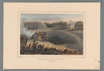 Militairten binnen een bastion, 1832 Interiör av Bastionen i Toledo (titel på objekt) Teckningar gjorda av livet vid belägringen av Citadellet i Antwerpen av Raffet (serietitel på objekt)