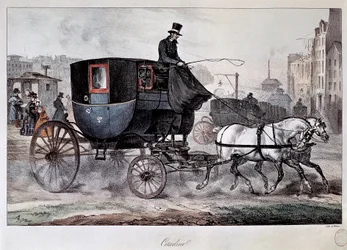 Kollektivtrafik på 1800-talet: en hytt på gatorna i Paris (färgad gravyr)