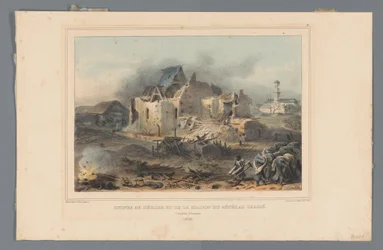 Ruïnes van de kerk in het huis van generaal Chassé, 1832 Ruinerna av kyrkan och general Chassés hus (titel på objektet) Teckningar gjorda av livet vid belägringen av Citadellet i Antwerpen av Raffet (serietitel på objekt)
