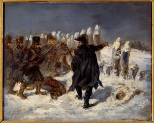 Ryska reträttavsnitt. Napoleonkriget (1812). Marechal Michel Ney (1769 - 1815) har Redoubt of Kovno (1812). Målning av Denis Auguste Raffet (1804-1860)