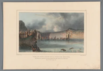 Vernielde brug, 1832 Utsikter över den förstörda bron av Rescue Gate, den vänstra återinträdet av Bastion Pacioto och den vänstra flanken av halvmånen (titel på objektet) Ritningar gjorda från naturen vid belägringen av Citadellet i Antwerpen av Raffet (se