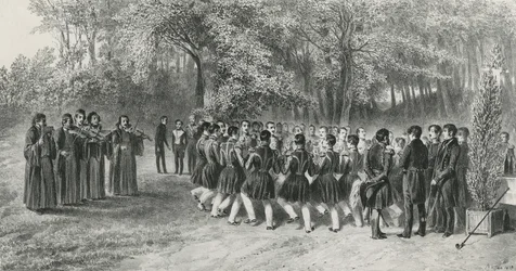 Valakiska rundan, framförd av tsiganer och dansad av andra regementets musiker hemma hos prins Ghika, Ghospodar, Valakiet, 1839