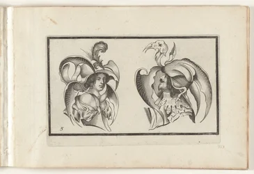 En mans och en kvinnas huvud med groteska hattar och kragar Huvudbonadsdesign (serietitel) Ouvrage rare et nouveau, contenant plusieurs desseins de merveilleuse rekreation sous diverses caprices et gentillesses representees en l