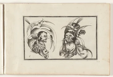 Manliga och kvinnliga huvuden med groteska hattar och kragar Huvudbonadsdesign (serietitel) Ouvrage rare et nouveau, contenant plusieurs desseins de merveilleuse rekreation sous diverses caprices et gentillesses representees en l
