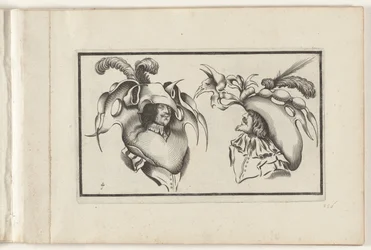 Två mäns huvuden med groteska hattar och kragar Huvudbonadsdesign (serietitel) Ouvrage rare et nouveau, contenant plusieurs desseins de merveilleuse rekreation sous diverses caprices et gentillesses representees en l