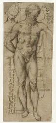 Studie av en naken man (Hercules?) och två kvinnors huvuden