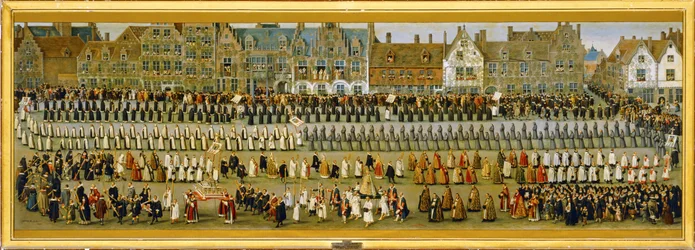 Celebrering av Ommeganck eller Papagayo, i Bryssel: Procession av religiösa ordnar och munkar ... (målning på duk)