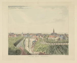 Nijmegen, utsikt från Belvédère mot väster Västerut (titel på objekt) Utsikter runt staden Nijmegen (serietitel) Gelderland panorama eller rund vy från livet på Belvedere i Nymegen (serietitel)