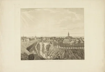 Nijmegen, utsikt från Belvédère mot väster Till väst (titel på objekt) Sevärdheter runt staden Nijmegen (serietitel) Geldersch panorama eller rund vy av livet ritad på Belvedere i Nymegen (serietitel)