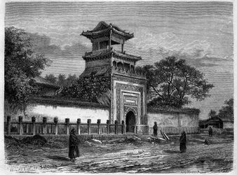 Moské i Pekin (Peking) på 1870-talet. Gravyr efter en teckning av Deroy, i "" Le Tour du Monde, Nouveau journal des Voyages", redigerad av Edouard Charton, Paris