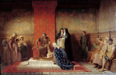 Saint Elisabeth av Frankrike (syster till Saint Louis) tvättar fötterna på de fattiga Målning av Desire Laugee (1823-1896) 1865