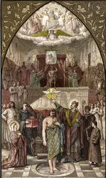 Saint Remigius döper Clovis i Reims - Dopet av frankernas kung Clovis I (466-511) i Reims av Eveque Saint Remi den 25/12/496 (eller 499) - gravyr efter målningen av Desire Francois Laugee