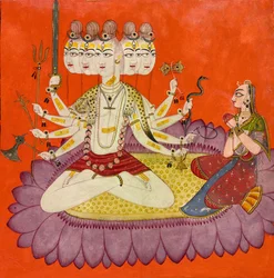 Sadashiva dyrkad av Parvati, ca 1690 (ogenomskinlig akvarell, guld och applicerad skalbagge på papper, )