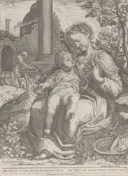 Den heliga familjen i Egypten, med Josef som snickare i bakgrunden..., [1577], återutgiven 1774.