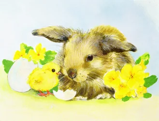 Påskharen med primula och fågelunge