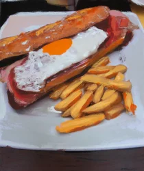 Bocata con huevo y patatas fritas, 2018 (akrylfärg på tryckt foto)