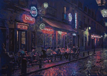 Calle y bar madrileño, 2025 (akryl, bläck och blyerts på tyg)