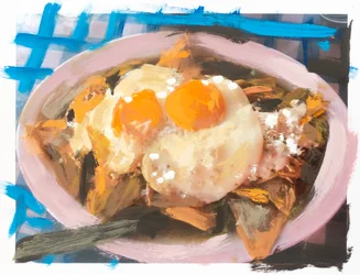 Chilaquiles con pollo y huevo, 2018 (akrylfärg på tryckt foto)
