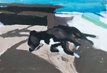 Perro en una isla 01, 2019 (akrylfärg på tryckt foto)