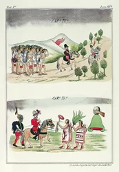 Kap 72 och kap 73, illustrationer från "Historia de las Indias de Nueva Espana y islas de tierra firme", med planscher av Jules Desportes, Mexiko, 1867-80.