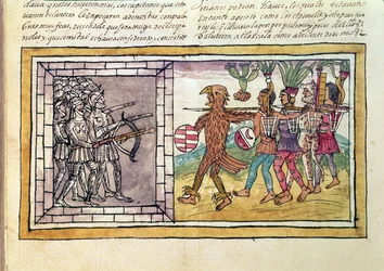 Codex Durán: Pedro de Alvarado (ca 1485-1541), Hernando Cortés (1485-1547) vapenbroder, belägrad av aztekiska krigare