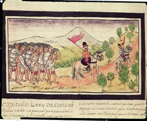 Fol.204v Totonac-indianerna hjälper Conquistadorerna att transportera material, 1579