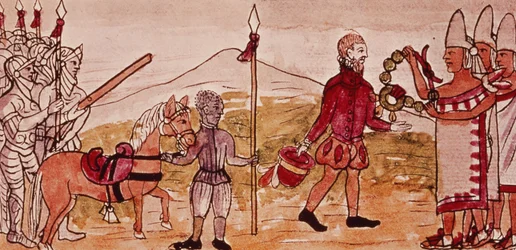 Fol. 208v Möte mellan Hernando Cortes (1485-1547) och Montezuma (1466-1520), miniatyr ur Diego Durans ”Indianernas historia”, 1579 (detalj av 227180)