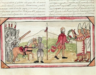 Fol.208v Meeting of Hernando Cortes (1485-1547) och Montezuma (1466-1520), miniatyr från 