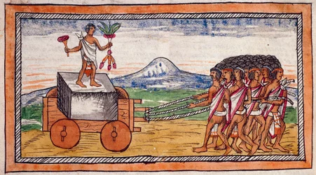Aztekerna transporterar stenar för att bygga sina städer, sträcker ut akvarell från Indiens historia av Diego Duran (1537-1588), manuskript, folio 188 recto