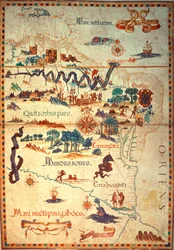 Lägg till 5415A f.23v-24 Atlas av Diego Homem från Sydamerika, som visar indianer i deras bosättningar, spanska expeditionsstyrkans läger och män i rustningar, ca 1558