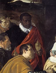 De vise männens tillbedjan. Detalj av de vise kungarnas huvuden. Målning av Diego Velázquez (1599-1660)