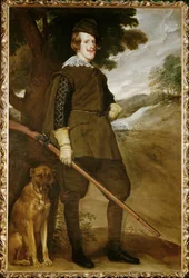 Felipe IV, kung av Spanien, med jakthund (målning på duk)