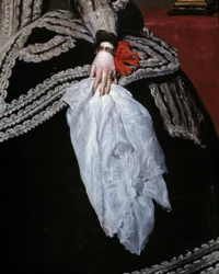 Hand och halsduk Detalj av porträttet av drottning Mary Anne (Marianne) av Österrike (1634-1696), hustru till Filip IV”” Målning av Diego velasquez (1599-1660) 1600-talet Madrid, Pradomuseet
