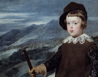 Porträtt i jaktklädsel av Spaniens prins Baltasar Carlos (1629-1646), son till kung Filip IV, detalj. Målning av Diego Velázquez (1599-1660), 1635. Höjd 1,91 x 1,03 m, Madrid, Pradomuseet