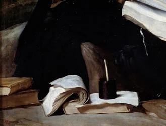 Porträtt av gycklaren Diego de Acedo, detalj. Böcker. Målning av Diego Rodriguez de Silva och Velasquez (1599-1660)