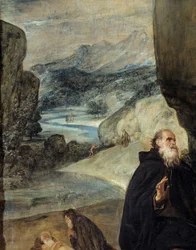 Saint Anthony och Saint Paul eremit. Detalj som föreställer Sankt Antonius den store (eller Sankt Antonius Eremiten eller Sankt Antonius Abbe) och landskapet. Målning av Diego Rodriguez de Silva y Velasquez (1599-1660), cirka 1635. Olja på duk. Mått: 2,57 
