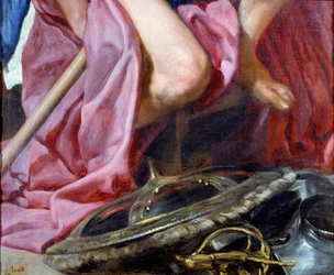 Krigsguden Mars, detalj av skölden och rustningen placerad vid gudens fötter. Målning av Diego Rodriguez de Silva y Velasquez (1599-1660)