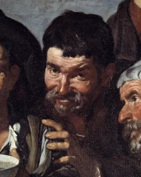 Bacchus triumf eller "Drunkens" Detalj av ett berusat ansikte. Målning av Diego Rodriguez de Silva y Velasquez (1599-1660) cirka 1639-1642. Dämpa. 1,65x2,25 m Madrid, Pradomuseet